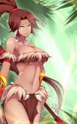 Rule 34 | 1girl, breasts, brown hair, cleavage, dean (momodean), facial mark, forehead mark, green eyes, high ponytail, highres, large breasts, league of legends, loincloth, long hair, nidalee, polearm, ponytail, solo, spear, strapless, tribal, underboob, weapon