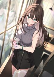 Rule 34 | 1girl, armpit crease, black hair, black skirt, blurry, blush, breasts, cowboy shot, cup, depth of field, dutch angle, earrings, hair between eyes, highres, holding, holding cup, idolmaster, idolmaster cinderella girls, indoors, jewelry, large breasts, lens flare, long hair, looking at viewer, necklace, reflection, shibuya rin, skirt, sleeveless, sleeveless turtleneck, solo, sutoroa, triangle earrings, tumbler, turtleneck, window, wristband