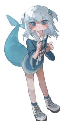 Rule 34 | 1girl, blue eyes, blue hair, blue hoodie, blue socks, blush, closed mouth, fins, fish tail, full body, gawr gura, gawr gura (1st costume), grey hair, hair ornament, hands up, highres, hololive, hololive english, hood, hood down, hoodie, looking at viewer, medium hair, multicolored hair, semi ame shigure, shark hair ornament, shark print, shark tail, shoes, simple background, sleeves past elbows, socks, solo, standing, streaked hair, tail, two side up, virtual youtuber, white background, white footwear, wide sleeves