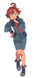 Rule 34 | 1girl, ahoge, aqua eyes, asticassia school uniform, black hairband, boots, closed mouth, commentary request, dou (mame eee), finger to mouth, full body, green jacket, green shorts, gundam, gundam suisei no majo, hair between eyes, hairband, hand on own hip, highres, jacket, long hair, long sleeves, looking at viewer, low ponytail, red hair, school uniform, shorts, shushing, simple background, smile, solo, standing, suletta mercury, thick eyebrows, white background, wide sleeves