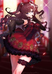 Rule 34 | 1girl, :3, absurdres, ahoge, artist name, bad id, bad pixiv id, black gloves, blue eyes, blush, bow, breasts, bridal garter, brooch, brown hair, cross-laced clothes, dress, elbow gloves, finger to mouth, frills, gloves, hair bow, hana shiori, highres, ichinose shiki, idolmaster, idolmaster cinderella girls, idolmaster cinderella girls starlight stage, index finger raised, jewelry, long hair, looking at viewer, medium breasts, necklace, pearl necklace, pointing, pointing down, red bow, red dress, smile, solo, sparkle, stairs, thighs, tongue, tongue out, two side up, wavy hair