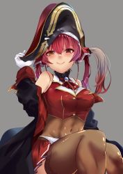 Rule 34 | 1girl, arrow through heart, bare shoulders, bicorne, black coat, blush, bodystocking, breasts, brooch, brown thighhighs, cleavage, closed mouth, coat, covered navel, endou (zettai bluenoid), gloves, hair ribbon, hat, heterochromia, highres, hololive, houshou marine, jewelry, large breasts, leotard, leotard under clothes, lips, long hair, looking at viewer, no eyepatch, pirate hat, red eyes, red hair, red skirt, ribbon, see-through, see-through cleavage, see-through leotard, skirt, sleeveless, sleeveless jacket, smile, solo, thighhighs, twintails, virtual youtuber, white gloves, yellow eyes