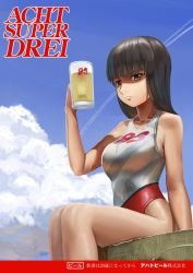Rule 34 | 10s, 1girl, abazu-red, ad, alcohol, beer, beer mug, blunt bangs, brand name imitation, brown eyes, brown hair, closed mouth, cloud, cloudy sky, commentary request, competition swimsuit, contrail, cup, day, frown, german text, girls und panzer, holding, light frown, long hair, looking at viewer, mug, nishizumi shiho, one-piece swimsuit, outdoors, shaded face, sitting, sky, solo, swimsuit, translation request, white one-piece swimsuit