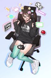 Rule 34 | 1girl, asymmetrical legwear, beige background, black eyes, black nails, black shorts, blue background, brown hair, chair, commentary, controller, dolphin shorts, drawstring, drop shadow, english text, eyebrows hidden by hair, game controller, gaming chair, glasses, gradient background, green legwear, hair tie, hands up, jewelry, k52, knees, legs, legs together, long hair, looking at viewer, multiple rings, nail polish, nike (company), open mouth, original, paw pose, poke ball, polka dot, polka dot legwear, purple background, ring, shoes, shorts, sitting, sneakers, solo, sweater, swivel chair, thighs, tongue, tongue out, twintails, uneven legwear, white footwear