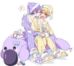 Rule 34 | 2boys, animal slippers, bear slippers, blue eyes, blush, blush stickers, bow, candy, candy hair ornament, closed eyes, closed mouth, embarrassed, flying sweatdrops, food, food-themed hair ornament, full body, fur-trimmed headwear, fur trim, hair between eyes, hair ornament, hairclip, hat, heart, highres, imminent kiss, kamishiro rui, lollipop, long sleeves, looking at another, loveblond, male focus, multicolored hair, multiple boys, musical note, nightcap, open mouth, orange eyes, pajamas, pants, pom pom (clothes), profile, project sekai, purple bow, purple hair, purple headwear, purple pajamas, purple pants, purple shirt, shirt, short hair, sidelocks, simple background, sitting, slippers, speech bubble, spoken musical note, streaked hair, stuffed animal, stuffed platypus, stuffed toy, stuffed unicorn, sweatdrop, tenma tsukasa, v-shaped eyebrows, white background, yaoi, yellow bow, yellow headwear, yellow pajamas, yellow pants, yellow shirt