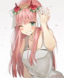 Rule 34 | 10s, 1girl, :d, commentary, darling in the franxx, dress, english commentary, fingernails, flower, green eyes, grey background, hair flower, hair ornament, hand up, highres, horns, leaning forward, long hair, looking at viewer, mochii, one eye closed, open mouth, pink hair, red flower, signature, smile, solo, white dress, zero two (darling in the franxx)