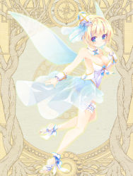 Rule 34 | 1girl, bare shoulders, barefoot, blonde hair, blue eyes, breasts, bridal garter, cleavage, copyright request, dairoku ryouhei, dennryuurai, detached collar, dress, fairy wings, hat, looking at viewer, medium breasts, mini hat, see-through, short hair, smile, solo, strapless, strapless dress, wings, wrist cuffs