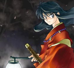 Rule 34 | 1boy, alternate form, black eyes, black hair, floating hair, gradient background, hattori min, holding, inuyasha, inuyasha (character), inuyasha (human), japanese clothes, jewelry, lamp, long hair, male focus, necklace, pearl necklace, solo, sword, weapon