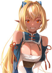Rule 34 | 1girl, blonde hair, blue bow, bow, breasts, cleavage, clenched teeth, commentary request, dark-skinned female, dark skin, hair bow, hololive, kainown, large breasts, long hair, looking at viewer, pointy ears, ponytail, red eyes, shiranui flare, shiranui flare (old design), simple background, smile, solo, teeth, virtual youtuber, white background