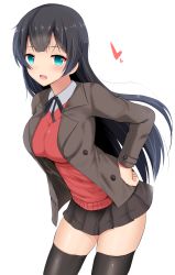 Rule 34 | 10s, 1girl, agano (kancolle), alternate costume, aqua eyes, black hair, black thighhighs, blue eyes, blush, breasts, casual, cowboy shot, hand on own hip, hands on own hips, heart, jacket, kantai collection, large breasts, leaning forward, long hair, long sleeves, looking at viewer, miniskirt, open mouth, pleated skirt, skindentation, skirt, smile, solo, sweater, takeyuu, thighhighs, zettai ryouiki