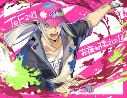 Rule 34 | 1boy, alternate costume, aonagi (a-lot-of), artorius collbrande, baseball cap, black jacket, blue eyes, collarbone, floating hair, hat, hat over one eye, holding, jacket, long hair, male focus, open mouth, outstretched arm, pink hat, print headwear, print shirt, shirt, silver hair, sleeves rolled up, solo, tales of (series), tales of berseria, upper body, white shirt