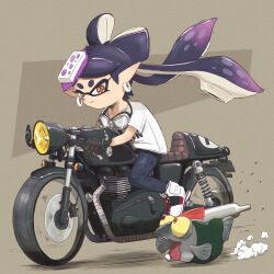 Rule 34 | 1girl, absurdres, bicycle, black gloves, black hair, blue pants, bow-shaped hair, callie (splatoon), closed mouth, colored tips, commentary request, earrings, food, food on head, gloves, goggles, grey background, highres, hoop earrings, inkling, jewelry, long hair, motor vehicle, motorcycle, multicolored hair, nintendo, object on head, pants, pointy ears, print shirt, purple hair, riding, riding bicycle, shirt, simple background, smallfry (splatoon), splatoon (series), splatoon 3, star-shaped pupils, star (symbol), sushi, symbol-shaped pupils, tara sli, tentacle hair, thick eyebrows, tongue, tongue out, two-tone hair, white shirt