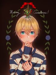 Rule 34 | 1boy, black background, blonde hair, blush, bomhat, commentary, eugeo, green eyes, hand on own chin, hand up, highres, long sleeves, looking at viewer, male focus, merry christmas, mistletoe, parted lips, short hair, sleeves past wrists, striped clothes, striped sweater, sweater, sword art online, trap, upper body, white sweater