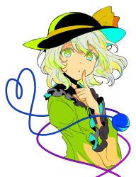 Rule 34 | 1girl, asawa (dm owr), bad id, bad pixiv id, blouse, bow, finger to mouth, frills, green eyes, hat, hat bow, heart, heart-shaped pupils, heart of string, index finger raised, komeiji koishi, looking at viewer, open mouth, shirt, short hair, shushing, solo, symbol-shaped pupils, third eye, touhou, upper body, white background, white hair, wide sleeves