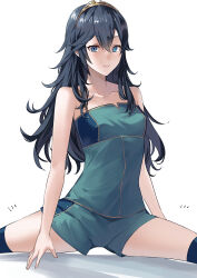 Rule 34 | 1girl, alternate costume, ameno (a meno0), bare shoulders, blue eyes, blue hair, blue shirt, blue shorts, closed mouth, collarbone, commentary request, fire emblem, fire emblem awakening, hair between eyes, lips, long hair, looking at viewer, lucina (fire emblem), nintendo, pink lips, shirt, shorts, simple background, smile, solo, strapless, strapless shirt, stretching, tiara, white background