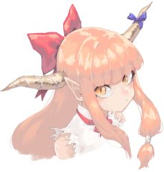 Rule 34 | 1girl, bare shoulders, blue ribbon, blush, bow, bowtie, cropped shoulders, fugota6509, hair bow, highres, horn ornament, horn ribbon, horns, ibuki suika, long hair, looking at viewer, oni, oni horns, orange eyes, orange hair, pointy ears, portrait, red bow, red bowtie, ribbon, shirt, sidelocks, simple background, sleeveless, sleeveless shirt, solo, touhou, white background, white shirt