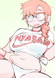 Rule 34 | 1girl, absurdres, blue eyes, braid, breasts, clothes writing, colo (nagrolaz), crop top, glasses, grabbing, highres, large breasts, long hair, midriff, navel, orange hair, original, plump, shirt, solo, surprised