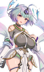 Rule 34 | 1girl, ahoge, aqua hair, bare shoulders, breasts, curvy, fire emblem, fire emblem heroes, floating, floating object, gonzarez, gradient clothes, green hair, highres, jewelry, large breasts, multicolored hair, nintendo, purple hair, seidr (fire emblem), short hair, simple background, skindentation, solo, thick thighs, thigh strap, thighs, wide hips