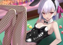 Rule 34 | 1girl, animal ears, bare shoulders, billiards, black bow, black bowtie, black leotard, blush, bow, bowtie, breasts, covered navel, detached collar, fake animal ears, fate/grand order, fate (series), fishnet pantyhose, fishnets, hair between eyes, hair ribbon, kama (fate), kesoshirou, legs up, leotard, looking at viewer, lying, on back, open mouth, pantyhose, pink ribbon, playboy bunny, rabbit ears, ribbon, short hair, silver hair, small breasts, solo, strapless, strapless leotard, thighs, wrist cuffs