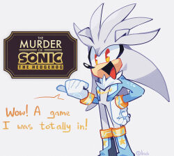 Rule 34 | 1boy, absurdres, alternate costume, alternate universe, animal ears, animal nose, blue jacket, boots, commentary, copyright name, english commentary, english text, furry, furry male, gloves, highres, jacket, logo, looking at viewer, male focus, olivashko, open mouth, pointing, signature, silver the hedgehog, simple background, smile, solo, sonic (series), standing, the murder of sonic the hedgehog, white background, white gloves, yellow eyes