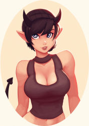 Rule 34 | 1girl, absurdres, bare shoulders, black hair, blue eyes, breasts, cleavage, commentary, commission, demon horns, freckles, hat, highres, horns, large breasts, lips, looking at viewer, midriff, navel, nose, original, parted lips, pointy ears, raichiyo33, short hair, smile, solo, upper body