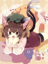 Rule 34 | 1girl, :o, animal ear fluff, animal ears, argyle, argyle background, argyle clothes, black shorts, blush, brown eyes, brown hair, cat ears, cat tail, chen, fang, feet up, fish bone, gold trim, green hat, hair between eyes, hands on chin, hands up, hat, head rest, highres, long sleeves, looking at viewer, lying, mob cap, multiple tails, nekomata, nikorashi-ka, no shoes, on stomach, open mouth, pillow, polka dot, red vest, short hair, shorts, simple background, solo, tail, touhou, two tails, vest