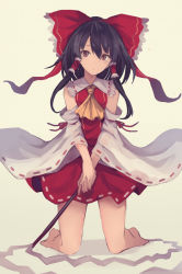 Rule 34 | 1girl, ascot, black hair, bow, brown eyes, detached sleeves, expressionless, eyebrows, full body, gohei, hair bow, hair tubes, hakurei reimu, kneeling, long hair, looking to the side, nakaichi (ridil), own hands together, ribbon, ribbon-trimmed sleeves, ribbon trim, simple background, skirt, skirt set, solo, touhou, wide sleeves
