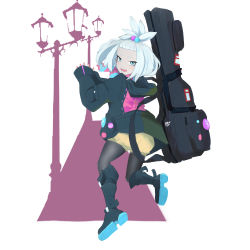 Rule 34 | 1girl, absurdres, alternate costume, boots, buttons, coat, creatures (company), doronjo sldf, game freak, gen 5 pokemon, guitar case, gym leader, hair bobbles, hair ornament, highres, hood, hood down, instrument case, jumping, lamppost, looking back, nintendo, pokemon, pokemon (creature), pokemon bw2, roxie (pokemon), scarf, scolipede, shorts, solo, striped clothes, striped scarf, topknot, white hair