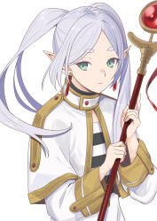 Rule 34 | 1girl, capelet, commentary request, dangle earrings, earrings, frieren, green eyes, grey hair, highres, holding, holding staff, jewelry, long hair, long sleeves, looking at viewer, mage staff, needle (needlebomb), parted bangs, pointy ears, shirt, simple background, solo, sousou no frieren, staff, striped clothes, striped shirt, twintails, white capelet
