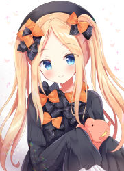Rule 34 | 1girl, abigail williams (fate), alternate hairstyle, bad id, bad pixiv id, black bow, black dress, black hat, blonde hair, blue eyes, blush, bow, bug, butterfly, closed mouth, commentary request, dress, fate/grand order, fate (series), forehead, hair bow, hat, head tilt, highres, hugging object, insect, long hair, long sleeves, looking at viewer, masayo (gin no ame), orange bow, parted bangs, polka dot, polka dot bow, simple background, sleeves past fingers, sleeves past wrists, smile, solo, stuffed animal, stuffed toy, teddy bear, twintails, very long hair, white background