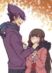 Rule 34 | 1boy, 1girl, autumn leaves, black pants, black scarf, blunt bangs, blush, brown hair, brown jacket, clenched teeth, criis-chan, danganronpa (series), danganronpa v3: killing harmony, facial hair, food, food on face, from side, goatee, hair ornament, hairclip, hand on another&#039;s face, harukawa maki, holding, jacket, leaf, long hair, long sleeves, looking at another, mole, mole under eye, momota kaito, pants, plaid, plaid scarf, purple jacket, red scarf, red scrunchie, scarf, scrunchie, sleeves past wrists, space print, spiked hair, starry sky print, teeth, twitter username, upper body, wiping face