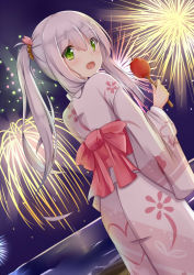 Rule 34 | 1girl, :d, aerial fireworks, blush, candy apple, dutch angle, fireworks, food, from behind, green eyes, highres, holding, holding food, horizon, japanese clothes, kimono, light purple hair, long hair, long sleeves, looking back, night, night sky, obi, ocean, open mouth, original, sash, scrunchie, sky, smile, solo, tsuchikure, twintails, yukata