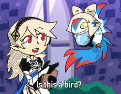 Rule 34 | 2girls, brick wall, cape, colored sclera, corrin (female) (fire emblem), corrin (fire emblem), fire emblem, fire emblem fates, fire emblem if, floating, grey hair, hairband, intelligent systems, is this a pigeon (meme), lilith (fire emblem), looking at another, maid headdress, meme, multiple girls, nintendo, pointing, pointy ears, red eyes, setz, sweatdrop, taiyou no yuusha fighbird, white hair, window, yellow sclera, yuusha series