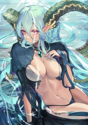 Rule 34 | 1girl, aqua hair, aqua nails, breasts, cleavage, curled horns, fadingz, fate/grand order, fate (series), green horns, highres, horns, large breasts, large horns, larva tiamat (third ascension) (fate), long hair, long horns, looking at viewer, midriff, navel, pointy ears, pubic tattoo, red eyes, solo, star-shaped pupils, star (symbol), symbol-shaped pupils, tattoo, tiamat (fate)