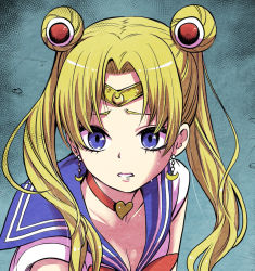 Rule 34 | 1girl, bishoujo senshi sailor moon, blonde hair, blue eyes, blue sailor collar, bow, breasts, choker, circlet, cleavage, collarbone, commentary request, crescent, crescent earrings, crying, crying with eyes open, derivative work, diadem, double bun, earrings, female focus, furrowed brow, hair bun, hair over shoulder, heart, heart choker, highres, izumi (toubun kata), jewelry, long hair, looking to the side, magical girl, meme, parted bangs, parted lips, red bow, red choker, sailor collar, sailor moon, sailor moon redraw challenge (meme), sailor senshi uniform, screenshot redraw, shirt, short sleeves, solo, tears, tsukino usagi, twintails, upper body, white shirt