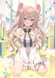 Rule 34 | 1girl, animal ears, bare shoulders, between legs, black ribbon, blush, box, braid, breasts, cleavage, detached sleeves, dress, frilled dress, frills, gift, gift box, hair ornament, hair ribbon, hand between legs, highres, large breasts, long hair, looking at viewer, mouse ears, mouse girl, nail polish, open mouth, original, purple eyes, purple nails, ribbon, sitting, smile, solo, twin braids, wariza, white dress, yoshino ryou