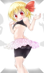 Rule 34 | 1girl, alternate costume, ass, back, bike shorts, blonde hair, blush, breasts, gplnbeat, hair ornament, hair ribbon, highres, looking at viewer, looking back, midriff, open mouth, red eyes, ribbon, rumia, short hair, skirt, smile, solo, sports bra, touhou, tutu, underboob, white background