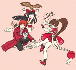 Rule 34 | 1boy, 2girls, ?, arms up, black hair, brown hair, cat, cellphone, confused, crossover, elelele (99kofjj), fatal fury, hair over one eye, hair ribbon, happy, jacket, jumping, mamahaha, milk, multiple girls, nakoruru, open mouth, pants, phone, ponytail, red hair, ribbon, samurai spirits, shiranui mai, smartphone, smile, snk, taking picture, the king of fighters, the king of fighters xiv, yagami iori
