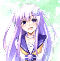 Rule 34 | 1girl, arms behind back, collar, collarbone, commentary request, d-pad, d-pad hair ornament, doria (p f dolia), dress, hair between eyes, hair ornament, highres, long hair, looking at viewer, neckerchief, nepgear, neptune (series), open mouth, purple eyes, purple hair, sailor collar, sailor dress, sidelocks, smile, solo, white dress, yellow neckerchief