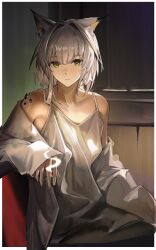 Rule 34 | 1girl, absurdres, arknights, cigarette, green eyes, grey hair, highres, holding, holding cigarette, jacket, kal&#039;tsit (arknights), long sleeves, looking at viewer, material growth, off shoulder, open clothes, open jacket, oripathy lesion (arknights), short hair, smoking, solo, tabayashi, tank top, white tank top
