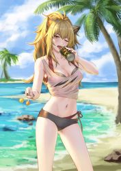 Rule 34 | 1girl, absurdres, animal ears, arknights, bare arms, bare shoulders, beach, bikini, black bikini, black nails, blonde hair, blue sky, breasts, brown eyes, can, candy, chinese commentary, cleavage, cloud, commentary request, cowboy shot, crop top, day, food, groin, hair between eyes, highres, holding, holding can, holding food, large breasts, lion ears, lollipop, long hair, looking at viewer, midriff, nail polish, navel, ocean, one eye closed, open mouth, outdoors, palm tree, siege (arknights), sky, solo, standing, stomach, swimsuit, tank top, thighs, tongue, tongue out, torn clothes, tree, water, white tank top, xiehuangbao bo