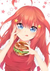 Rule 34 | 1girl, absurdres, ahoge, blue eyes, blush, breasts, burger, closed mouth, commentary request, fingernails, food, go-toubun no hanayome, hair between eyes, hair ornament, highres, hijouguti, holding, holding food, long hair, looking at viewer, nail polish, nakano itsuki, pink nails, red hair, shirt, short sleeves, simple background, small breasts, solo, star (symbol), star hair ornament, star in eye, starry background, sweater vest, symbol in eye, tongue, tongue out, upper body, white background, white shirt
