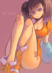 Rule 34 | 1girl, breasts, brown hair, cleavage, diane (nanatsu no taizai), jj art works, large breasts, leotard, long hair, nanatsu no taizai, purple eyes, short sleeves, sitting, tattoo, thick thighs, thighs, twintails