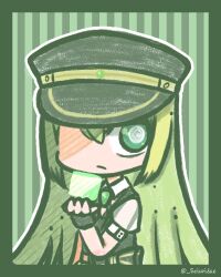 Rule 34 | 1girl, alina gray, black hat, black vest, chibi, closed mouth, green background, green hair, hat, long hair, magia record: mahou shoujo madoka magica gaiden, magical girl, mahou shoujo madoka magica, momi ( sciuridae), multicolored hair, peaked cap, puffy short sleeves, puffy sleeves, see-through, see-through sleeves, short sleeves, solo, straight hair, streaked hair, striped, twitter username, vest
