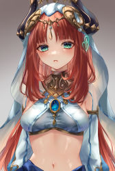 Rule 34 | 1girl, absurdres, aqua eyes, blush, breasts, circlet, crop top, dot nose, forehead jewel, genshin impact, gradient background, grey background, highres, jewelry, long sleeves, looking at viewer, medium breasts, navel, neck ring, nilou (genshin impact), parted bangs, parted lips, puffy long sleeves, puffy sleeves, red hair, shrug (clothing), sidelocks, solo, stomach, una kamra, upper body, vambraces, veil