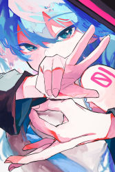 Rule 34 | 1girl, 39, blue eyes, blue hair, blue necktie, blush, close-up, covering own mouth, gesture, hand over own mouth, hatsune miku, highres, looking at viewer, necktie, portrait, shirt, shoulder tattoo, sion001250, sleeveless, sleeveless shirt, solo, tattoo, twintails, vocaloid, white shirt