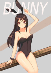 Rule 34 | 1girl, absurdres, animal ears, arm at side, arm support, arm up, armpits, bad id, bad pixiv id, bare arms, bare legs, bare shoulders, black hair, black hairband, black leotard, breasts, cleavage, closed mouth, collarbone, english text, fake animal ears, female focus, hairband, highres, legs, legs together, leotard, light frown, long hair, looking at viewer, medium breasts, mumang, neck, original, playboy bunny, rabbit ears, red eyes, shiny skin, sidelocks, sitting, solo, strapless, strapless leotard, two-tone background, wood, wristband