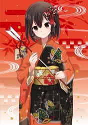 Rule 34 | 10s, 1girl, alternate costume, arrow (projectile), black eyes, black hair, ema, hair between eyes, hair ornament, hamaya, head tilt, highres, holding, ica, japanese clothes, kantai collection, kimono, long sleeves, looking at viewer, sendai (kancolle), sendai kai ni (kancolle), smile, solo, translation request, two side up
