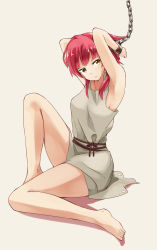 Rule 34 | 1girl, absurdres, alternate eye color, armpits, arms behind head, arms up, barefoot, bdsm, bondage, bound, chain, feet, full body, head tilt, highres, legs, long legs, looking at viewer, magi the labyrinth of magic, morgiana, red hair, simple background, sitting, slave, solo, tamakaga, thighs, toes, tunic, yellow eyes