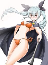 Rule 34 | 10s, 1girl, anchovy (girls und panzer), aoiakira553, bikini, blush, breasts, brown eyes, cape, curvy, drill hair, female focus, girls und panzer, green hair, looking at viewer, medium breasts, navel, open mouth, orange bikini, red eyes, ribbon, riding crop, shiny skin, side-tie bikini bottom, smile, solo, swimsuit, twin drills, twintails, wide hips